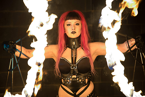 fire performer Tammy in Adelaide. Dragon Mill fire twirling performance