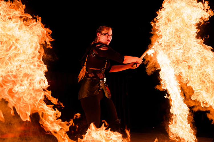 Fire performance at UNSEEN Winter Solstice Fire Festival 2023, event by Dragon Mill, Light Square, Adelaide, photo by Bill J Pearce