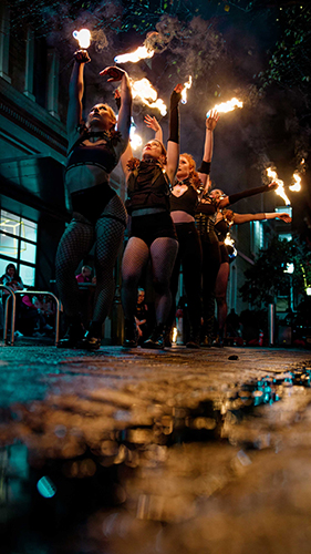 Fire performance at UNSEEN Winter Solstice Fire Festival 2023, event by Dragon Mill, Light Square, Adelaide, photo by Bill J Pearce