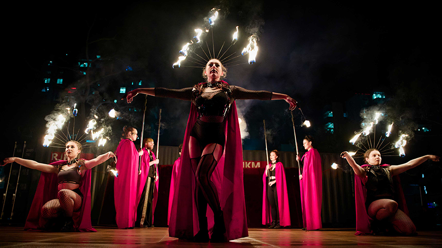 Fire performance at UNSEEN Winter Solstice Fire Festival 2023, event by Dragon Mill, Light Square, Adelaide, photo by Bill J Pearce