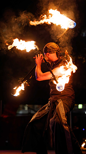 Fire performance at UNSEEN Winter Solstice Fire Festival 2023, event by Dragon Mill, Light Square, Adelaide, photo by Bill J Pearce