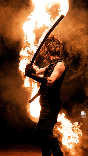 Fire performance at UNSEEN Winter Solstice Fire Festival 2023, event by Dragon Mill, Light Square, Adelaide, photo by Bill J Pearce