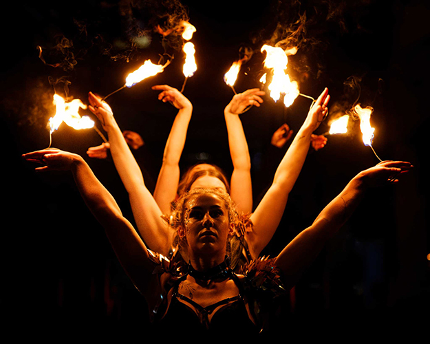 Fire performance at UNSEEN Winter Solstice Fire Festival 2023, event by Dragon Mill, Light Square, Adelaide, photo by Bill J Pearce