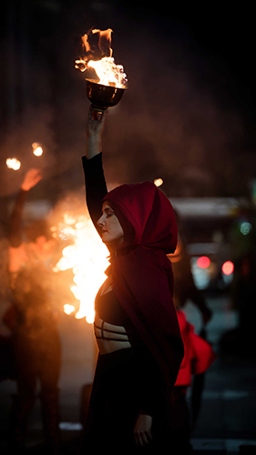 Fire performance at UNSEEN Winter Solstice Fire Festival 2023, event by Dragon Mill, Light Square, Adelaide, photo by Bill J Pearce