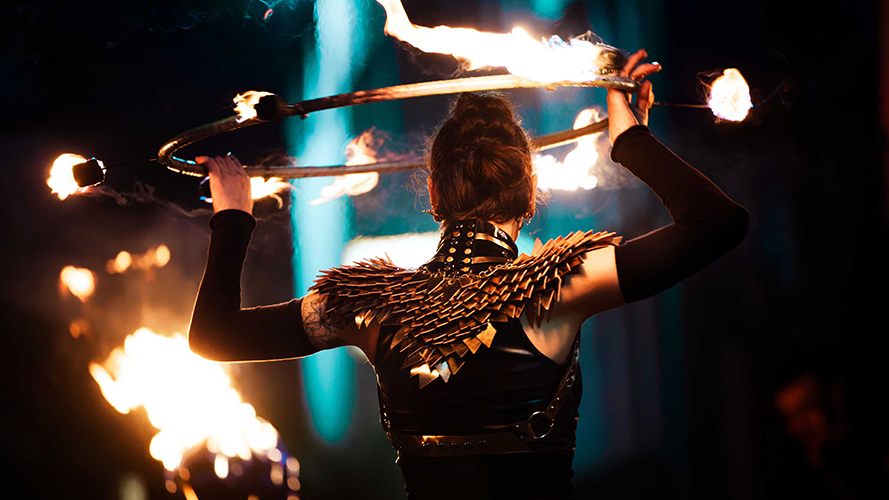 Fire performance at UNSEEN Winter Solstice Fire Festival 2023, event by Dragon Mill, Light Square, Adelaide, photo by Bill J Pearce