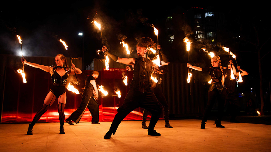 Fire performance at UNSEEN Winter Solstice Fire Festival 2023, event by Dragon Mill, Light Square, Adelaide, photo by Bill J Pearce