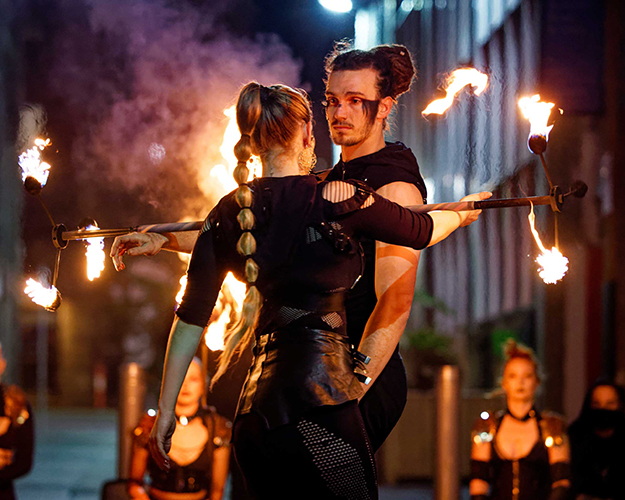Fire performance at UNSEEN Winter Solstice Fire Festival 2023, event by Dragon Mill, Light Square, Adelaide, photo by Bill J Pearce