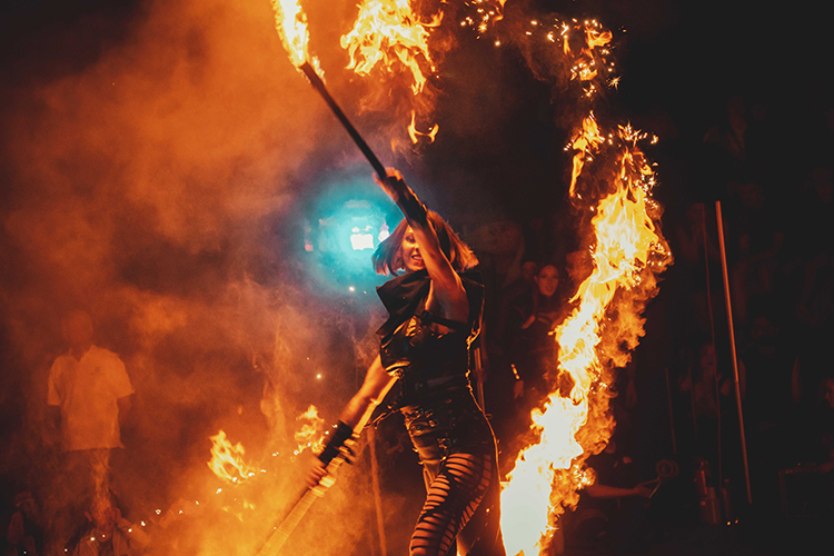 Fire performance at EMPYRE Fire Festival 2022, event by Dragon Mill, Victoria Square, Adelaide, photo by Castleforge Photography