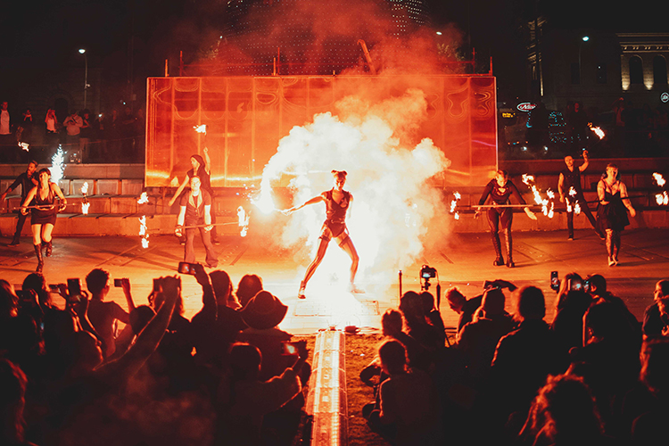 Fire performance at EMPYRE Fire Festival 2022, event by Dragon Mill, Victoria Square, Adelaide, photo by Castleforge Photography