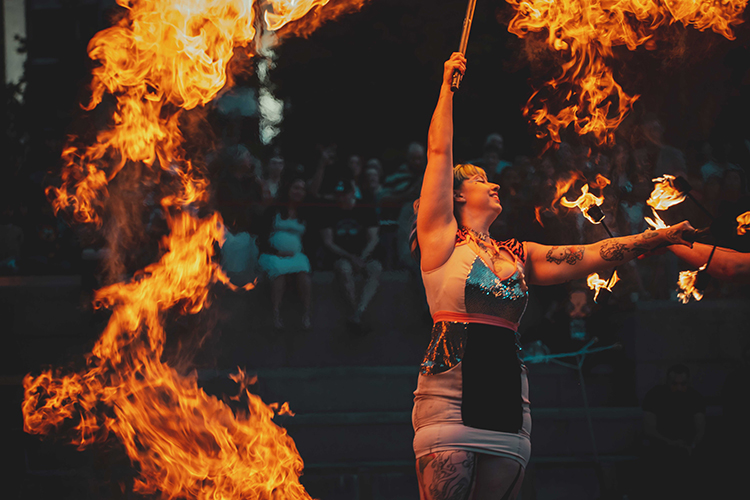 Fire performance at EMPYRE Fire Festival 2022, event by Dragon Mill, Victoria Square, Adelaide, photo by Castleforge Photography
