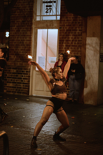 Fire performance at UNSEEN Winter Solstice Fire Festival 2023, event by Dragon Mill, Peel Street, Adelaide, photo by Josh Dostal