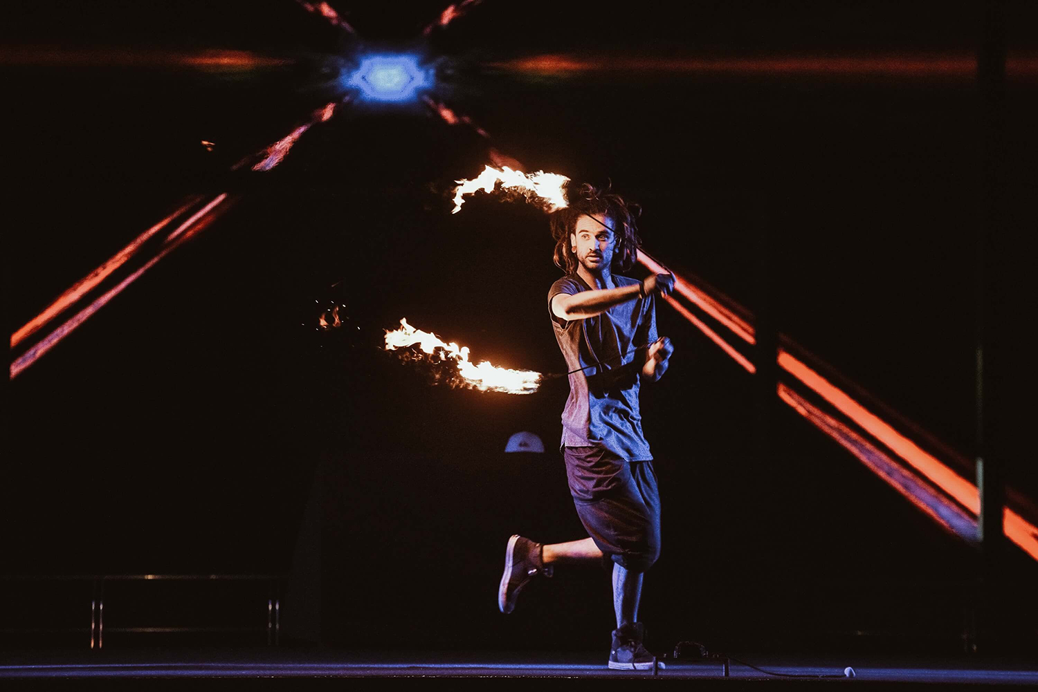 Fire Poi Stage Performance - Learn at Dragon Mill - school of fire art