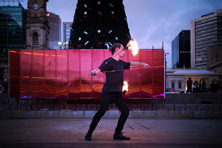 Fire performance at EMPYRE Fire Festival 2022, event by Dragon Mill, Victoria Square, Adelaide, photo by Tim Hards Photography