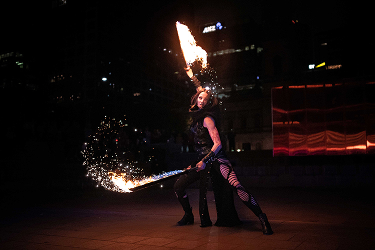 Fire performance at EMPYRE Fire Festival 2022, event by Dragon Mill, Victoria Square, Adelaide, photo by Tim Hards Photography