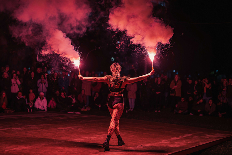 Performer Felicity Boyd of Motus Collective. Fire performance at UNSEEN Winter Solstice Fire Festival 2023, event by Dragon Mill, Light Square and West End, Adelaide, photo by TYR.Explorer