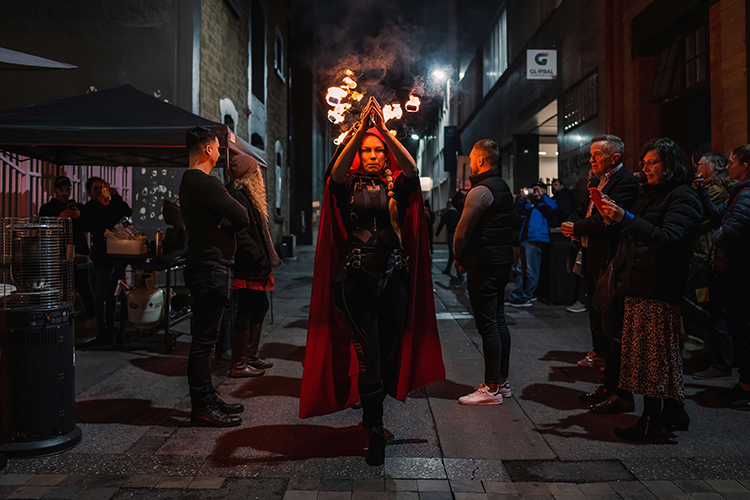 Fire performance at UNSEEN Winter Solstice Fire Festival 2023, event by Dragon Mill, Light Square and West End, Adelaide, photo by TYR.Explorer